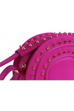 Fuchsia textured leather Thalia cross bag featuring gold-tone pointed studs and a stylish top strap handle.