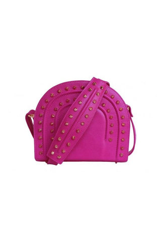 Fuchsia textured leather Thalia cross bag featuring gold-tone pointed studs and a chic, compact 19cm wide design.