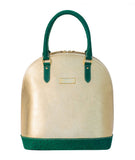 Metallic gold leather tote with green ostrich-textured leather trim, gold-tone hardware, and elegant structured design.