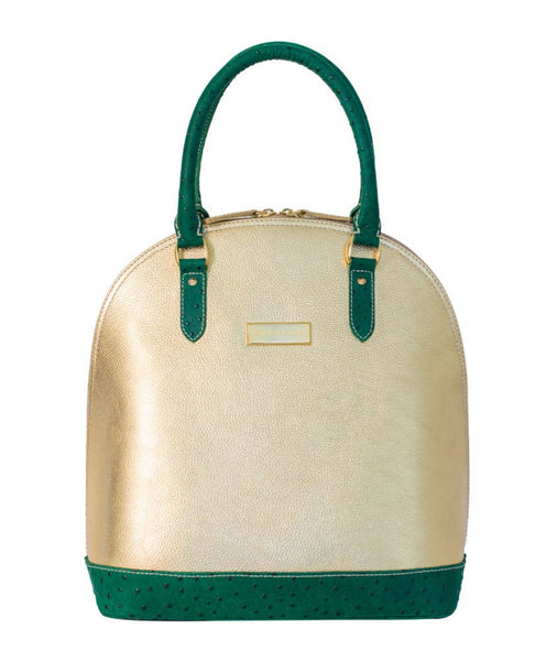 Metallic gold leather tote with green ostrich-textured leather trim, gold-tone hardware, and elegant structured design.