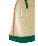 Metallic gold leather tote with green ostrich leather trim and gold-tone pointed studs for a sleek, luxurious style.