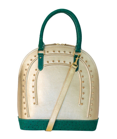 Metallic gold leather tote with green ostrich-textured trim, gold-tone studs, and a removable shoulder strap.