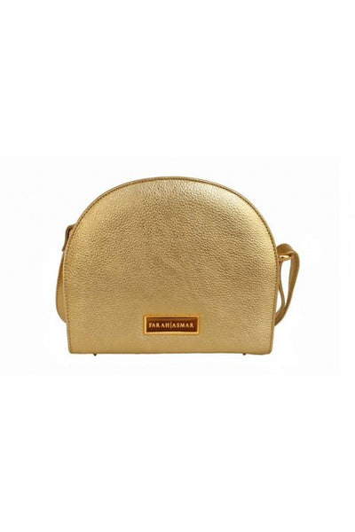 Gold textured calf leather Thalia crossbody bag with a chic half-moon shape and elegant designer plaque.