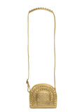 Gold textured leather Thalia crossbody bag featuring pointed studs, a top strap handle, and adjustable shoulder strap.