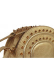 Gold textured calf leather Thalia cross bag featuring gold-tone pointed studs and elegant hardware.