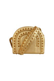 Gold textured leather Thalia cross bag featuring gold-tone pointed studs and a stylish top strap handle.