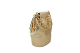 Gold Valerie mini bucket bag in metallic water snake leather with a designer logo clasp and elegant gold-tone chain handle.
