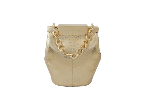 Gold Valerie mini bucket bag in textured water snake leather with a luxurious gold-tone chain handle and designer clasp.
