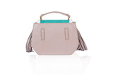 Mini Anabella tote in greige calf leather with a green perforated nubuck flap, side tassels, and gold-tone hardware.