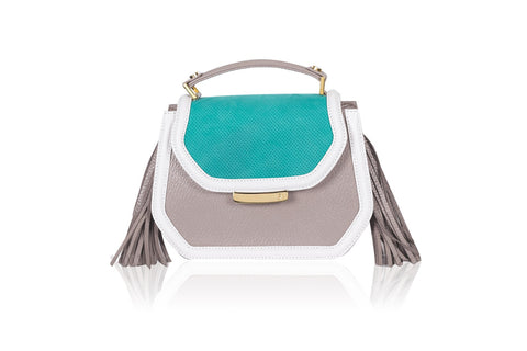 Mini green nubuck and greige calf leather tote with gold logo, side tassels, and a chic structured design.