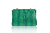 Mini green water snake shoulder bag with a textured meshed body and elegant silver-tone chain hardware.