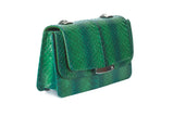 Green mini Jackie O shoulder bag in textured water snake leather with a silver-tone logo plaque and elegant chain strap.