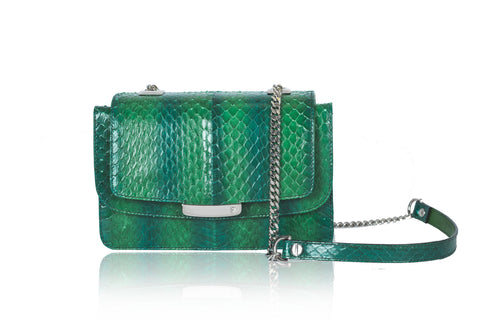 Green mini Jackie O shoulder bag in textured water snake leather with a silver chain strap and designer logo plaque.