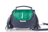 Mini Anabella bag in navy calf leather and green water snake skin with silver logo, side tassels, and detachable chain strap.