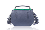 Mini Anabella bag in navy calf leather with a textured green water snake flap, side tassels, and silver hardware.