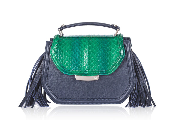 Green water snake flap and navy calf leather mini Anabella bag with side tassels and silver logo plaque.