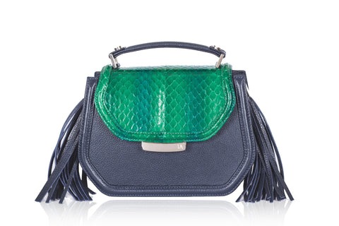 Green water snake flap and navy calf leather mini Anabella bag with side tassels and silver logo plaque.