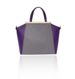 Chic grey and plum color-blocked textured leather tote with elegant gold-plated hardware and spacious structured design.