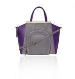 Chic grey and plum color-blocked textured leather Sharon tote with gold plaque, front pocket, and adjustable shoulder strap.