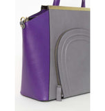 Grey and plum color-blocked textured leather Sharon tote featuring a front zip pocket and elegant gold-plated hardware.