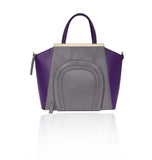 Grey and plum color-blocked textured leather tote bag with gold plaque and detachable strap.