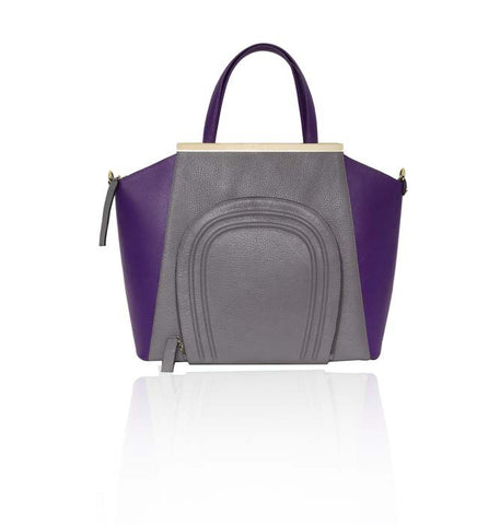 Grey and plum color-blocked textured leather tote bag with gold plaque and detachable strap.