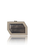 Edith clutch in kaki and cream box calf leather with a textured gold-tone water snake body and elegant top-frame closure.