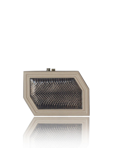 Edith clutch in kaki and cream box calf leather with a textured gold-tone water snake body and elegant top-frame closure.
