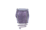 Lavender water snake mini bucket bag with silver-tone hardware, designer logo clasp, and detachable chain strap.