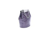 Lavender water snake mini bucket bag with silver-tone chunky chain and designer logo clasp.