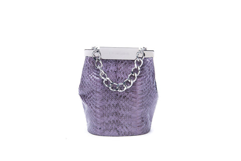 Lavender water snake mini bucket bag with a chunky silver chain handle and elegant designer logo clasp.