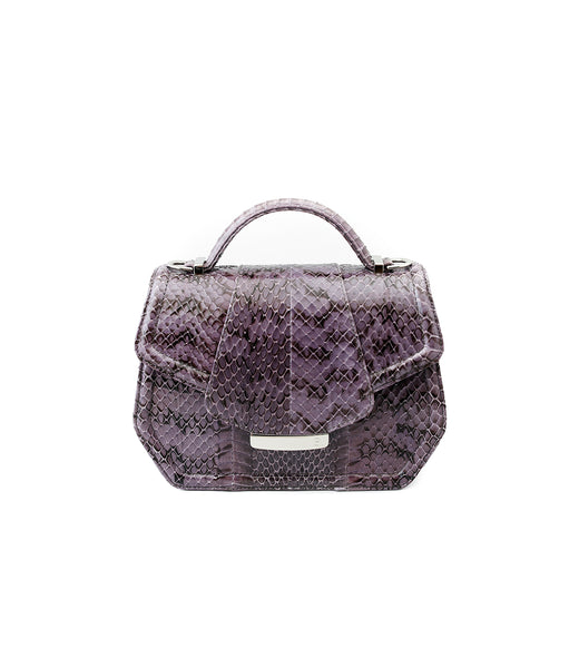 Lavender mini Anabella tote in textured watersnake leather with a silver-tone logo plaque and elegant top handle.