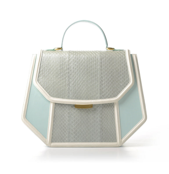 Mint Anabella tote in smooth leather and water snake skin with a gold-tone logo plaque and structured 35cm silhouette.