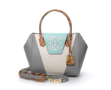 Mint and grey textured leather Ashley tote with rainbow python handles, laser-cut mint front, and gold-tone hardware.