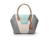 Mint and grey textured leather Ashley tote with a laser-cut front, python-effect rainbow handle, and gold-tone logo plaque.