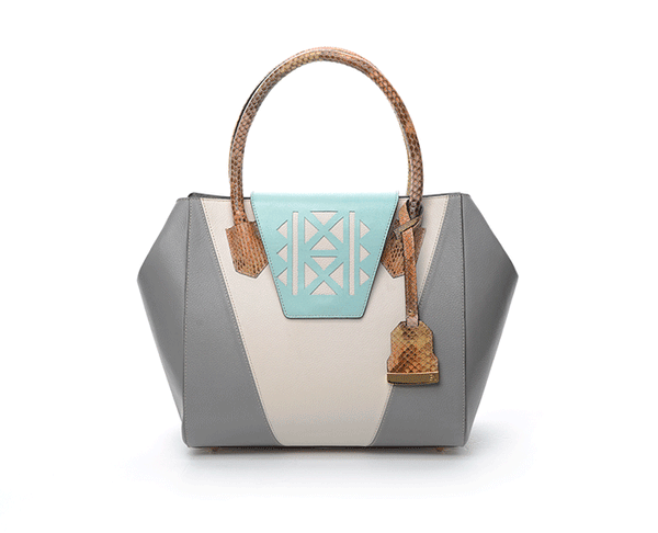 Mint and grey textured leather Ashley tote with a laser-cut front, python-effect rainbow handle, and gold-tone logo plaque.