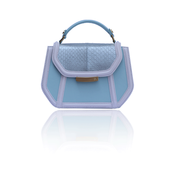 Mint mini Anabella tote in leather and water snake skin with gold logo plaque and structured top handle.