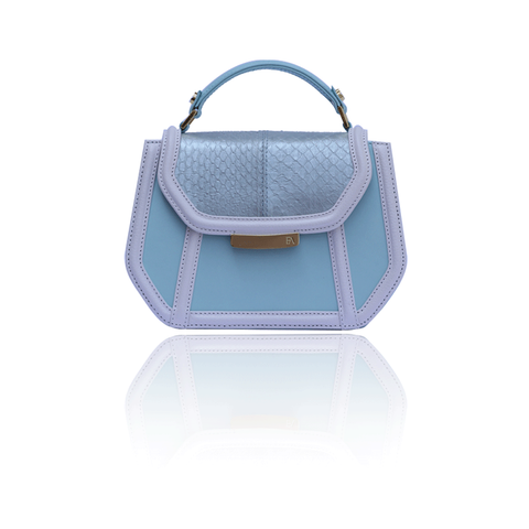 Mint mini Anabella tote in leather and water snake skin with gold logo plaque and structured top handle.