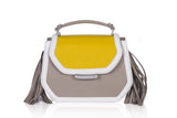 Mustard and greige calf leather mini Anabella bag with side tassels, silver logo plaque, and structured top handle.