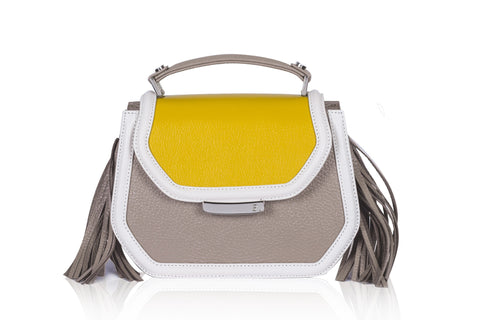 Mustard and greige calf leather mini Anabella bag with side tassels, silver logo plaque, and structured top handle.