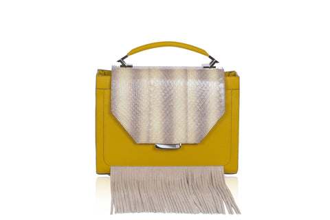 Mustard textured leather Steffany top handle bag with pale yellow water snake flap, beige suede fringe, and silver hardware.