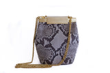 Natural beige python skin mini bucket bag featuring a gold-tone logo clasp and elegant detachable chain strap.