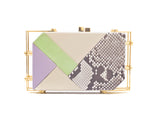 Geometric Linda clutch in multi-color calf leather and natural python skin with a luxe gold-tone frame, 20cm wide.
