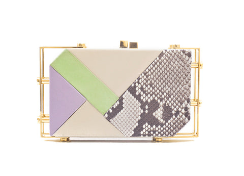 Geometric Linda clutch in multi-color calf leather and natural python skin with a luxe gold-tone frame, 20cm wide.