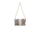 Natural python skin Jeeda clutch in black and white with gold-tone hardware and a detachable chain strap.