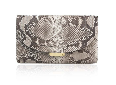 Natural black and white python skin clutch with gold-tone hardware and an elegant, compact 18cm design.