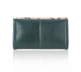 Elegant dark green lamb leather Serena clutch with a natural python flap, 30cm wide, featuring a sophisticated, sleek design.