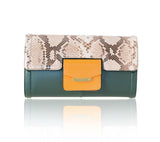 Serena clutch in dark green lamb leather with a natural python flap, orange front pocket, and gold-tone designer plaque.