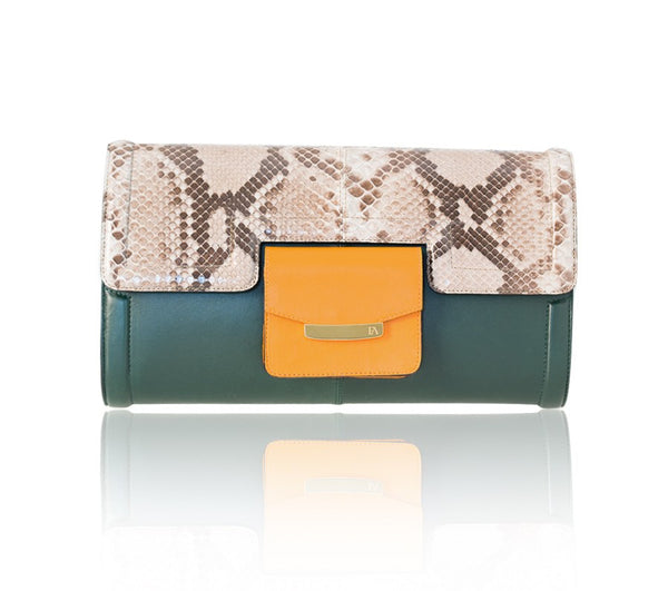Serena clutch in dark green lamb leather with a natural python flap, orange front pocket, and gold-tone designer plaque.
