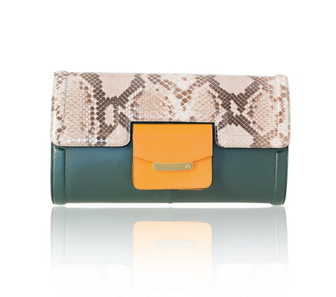 Serena clutch in dark green lamb leather with a natural python flap, orange front pocket, and gold-tone designer plaque.